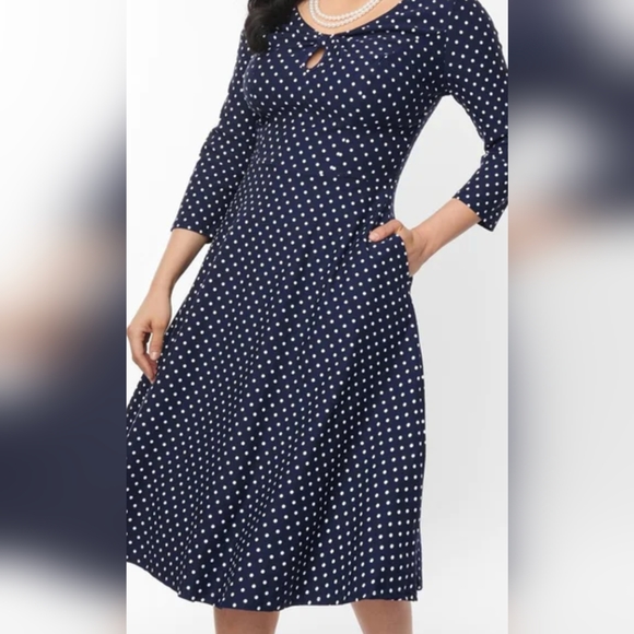 Unique Vintage Dresses & Skirts - Unique Vintage Navy & White Polka Dot Long Sleeve Fit-and-Flare Dress